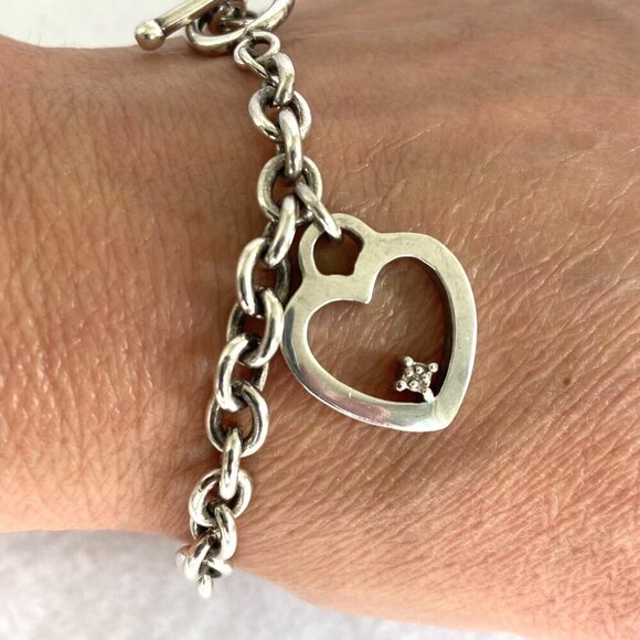 Solid Sterling Silver 925 UD Diamond Chip Heart Charm Cable Chain Bracelet 7.25" - Picture 6 of 16